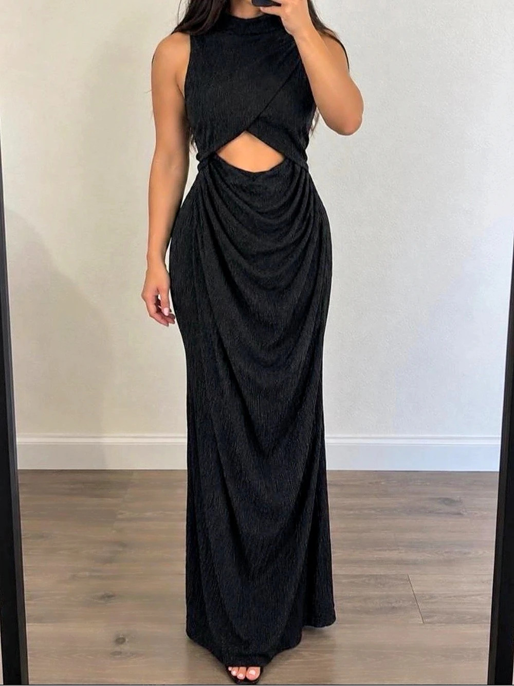 SHEIN Black Textured Cutout Draped Maxi Dress Size Medium